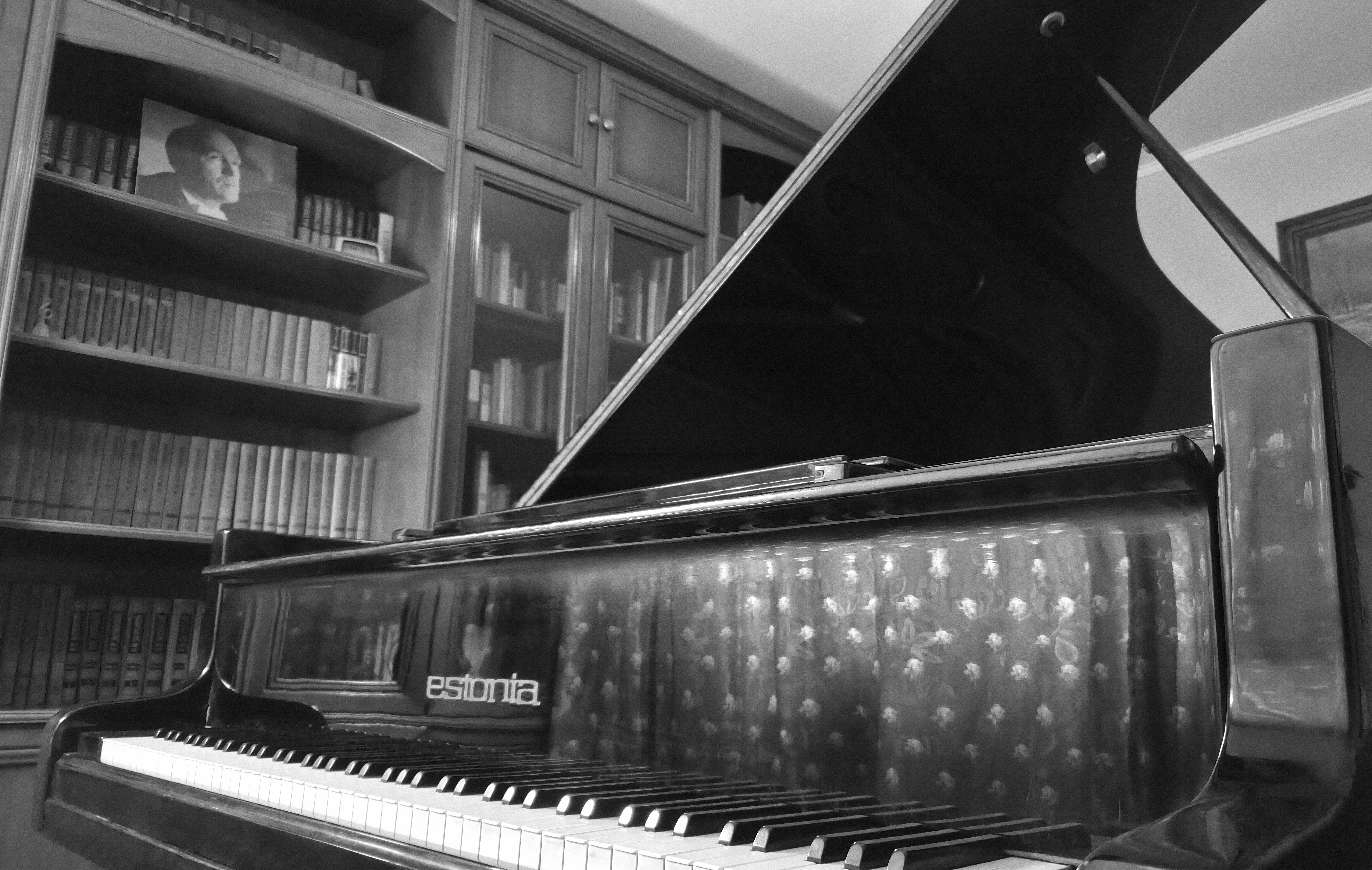 The studio's concert grand piano, side view