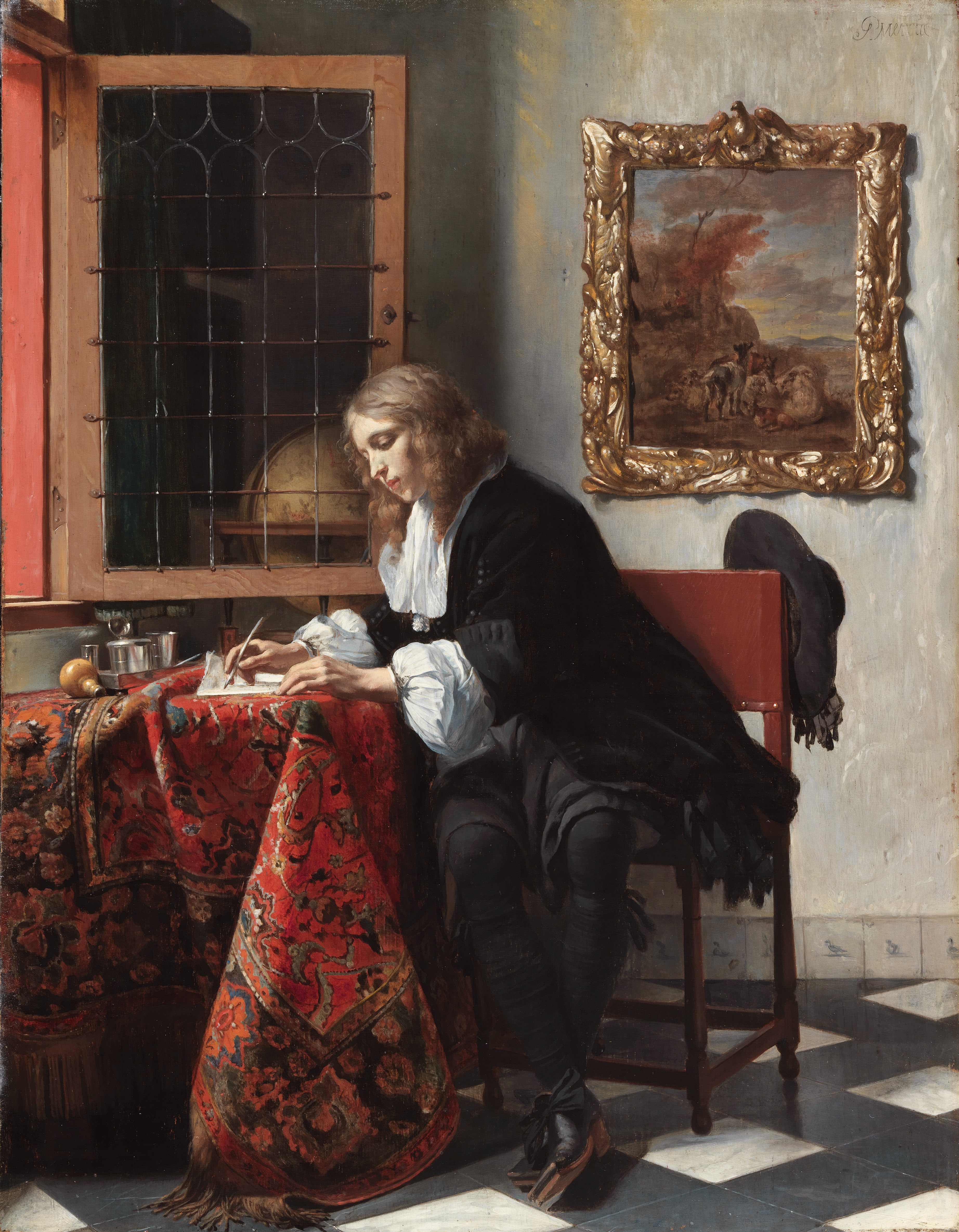 Gabriël Metsu. «Man Writing a Letter» — a young man at a table by the window writing a letter