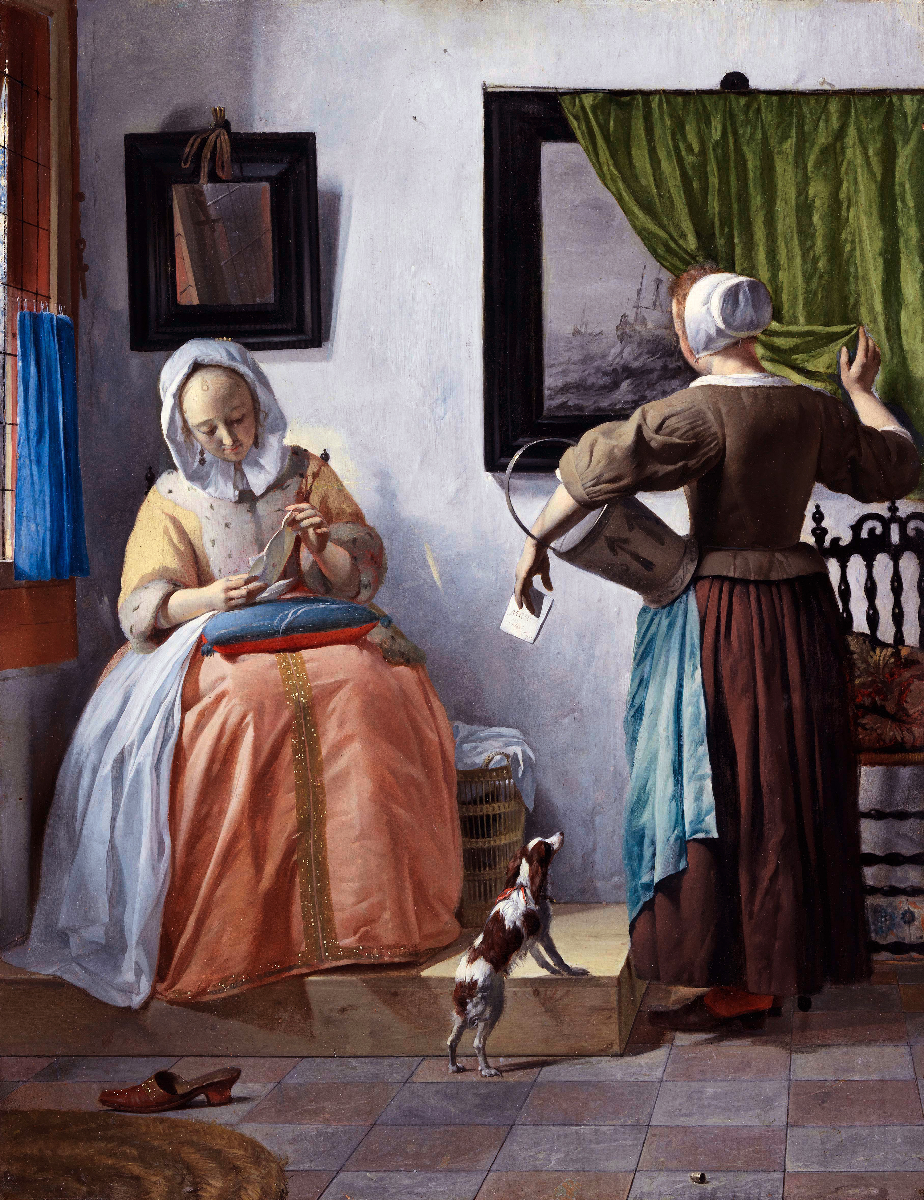 Gabriël Metsu. «Woman Reading a Letter» — a woman reads a letter, a maid beside her by a painting