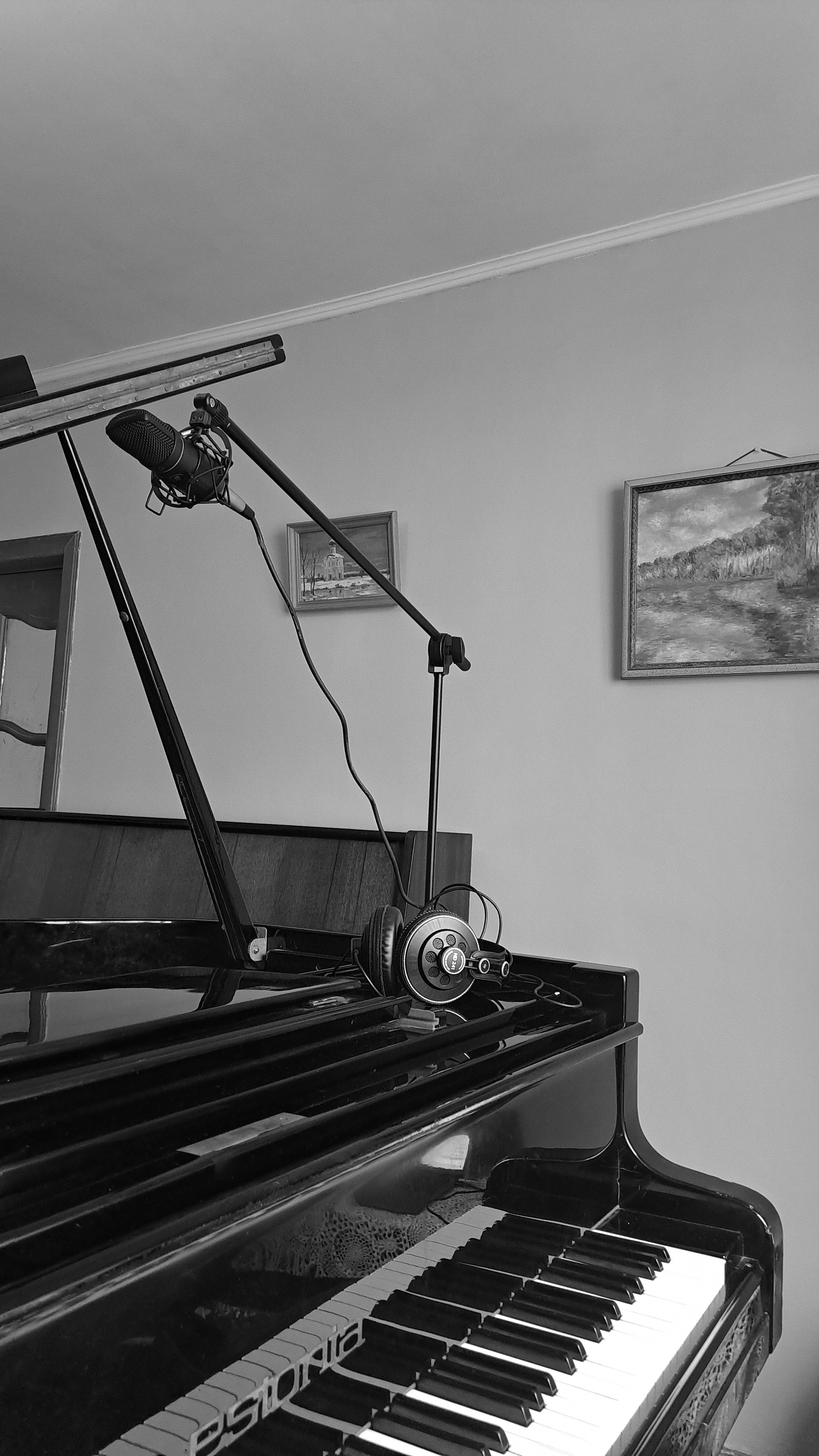 Studio condenser microphone on a stand above an Estonia grand piano